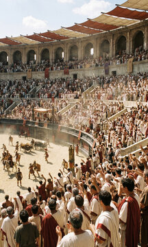 High-angle view of a cheering crowd in an ancient Roman amphitheater watching gladiators and bulls battle in a dusty sand arena. Generative Ai