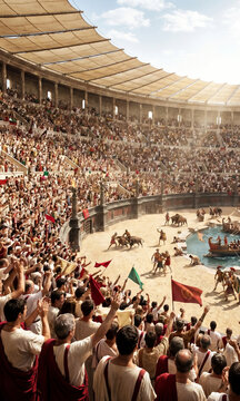 High-angle view of a massive cheering crowd in an ancient Roman colosseum watching gladiators, bulls, and ships battle in a flooded arena. Generative AI