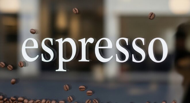 Conceptual typography design featuring the word espresso with floating coffee beans.