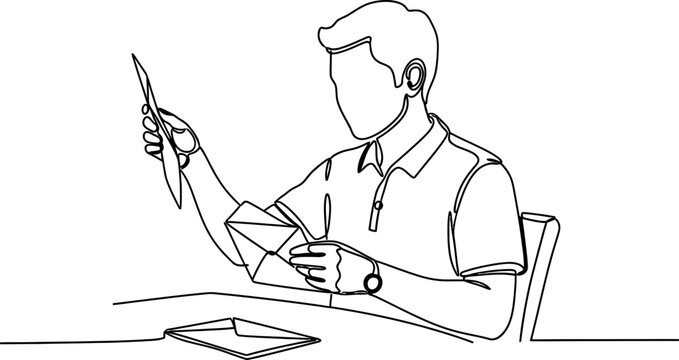 Man reading letter from envelope, simple line drawing, desk setup