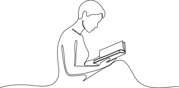 Continuous Line Drawing of Woman Reading Book, Minimalist Abstract Art, Knowledge and Education Concept