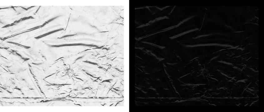Crumpled paper texture set, black and white wrinkled paper background, creased foil surface overlay for graphic design and displacement maps