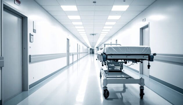 An empty hospital gurney waits in a brightly lit, long medical hallway, viewed head-on from a low angle.