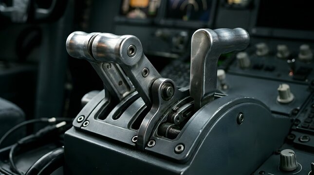 Airplane throttle controls feature a metallic finish and industrial design within the dimly lit cockpit of a jet.