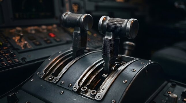 Airplane throttle levers sit in the dark cockpit of a commercial aircraft ready for takeoff during a flight.