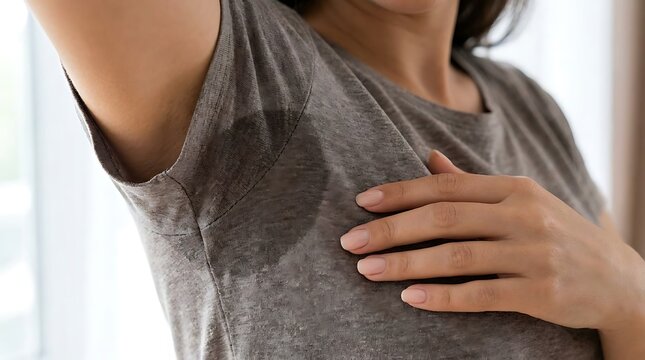 Woman showing sweat stain underarm on her gray t-shirt representing excessive sweating hyperhidrosis or body heat issues