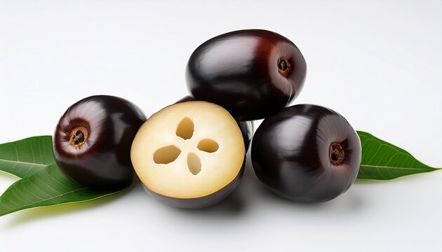 fresh jambu fruits cut and whole with green leaves on white backdrop showing details