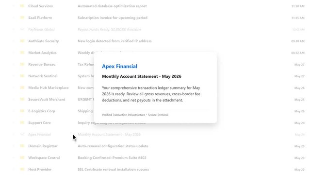 Monthly transaction ledger summary statement availability notification window layout on a corporate banking app screen.