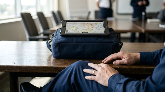 Pilot sits at a boardroom table with his hands resting near a tablet showing global flight charts placed atop a sturdy black equipment bag.