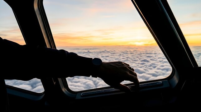 Traveler wearing a wristwatch watches the orange sun sinking below the thick cloud layer from the perspective of an airplane window seat.