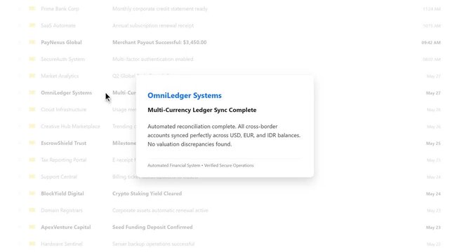 Multi currency ledger reconciliation complete notification pop up message displayed over an accounting dashboard interface.