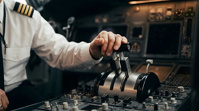 Pilot hand operates the primary throttle levers amidst the glowing digital displays of a sophisticated commercial jet cockpit.