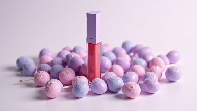 Lip gloss tube in pink and purple packaging placed among pastel-colored candy eggs on a light background, creating a vibrant and playful composition