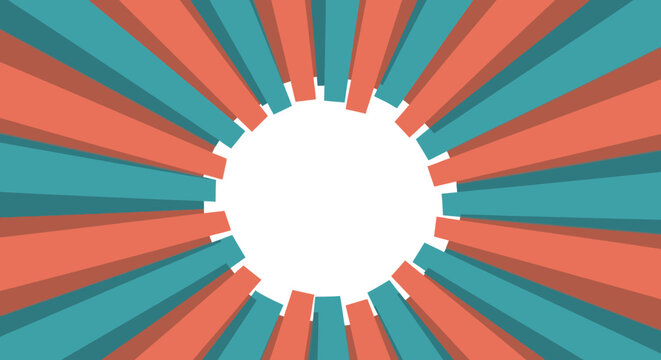 Vibrant retro pop art background with radiating teal and coral rectangular bars framing a central white circle for text or logo.