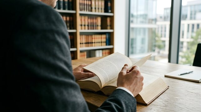 Corporate consultant flips through the pages of a thick manual while sitting at a modern desk near a large window in a bright office.
