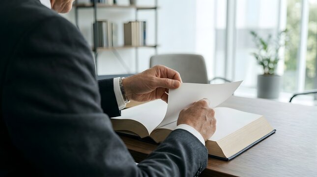 Lawyer in a sharp dark blazer carefully turns the thin, textured page of a heavy leather-bound law book inside a bright office.