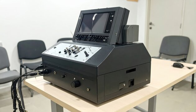 A sophisticated polygraph lie detector machine with its multiple sensors and control panel for truth analysis