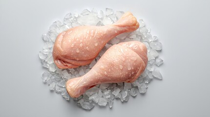 Fototapeta premium Fresh Raw Chicken Drumsticks on Ice - Culinary Preparation and Food Photography.