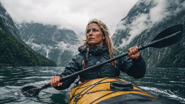 Adventurous woman kayaks between mountains and calm waters. Woman kayaking in a fjord surrounded by mountains and fog in an extreme natural landscape