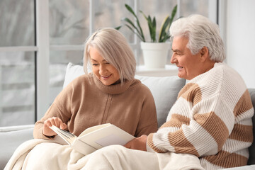 Obraz premium Senior couple with warm plaid and photo album sitting on sofa at home. Memories concept