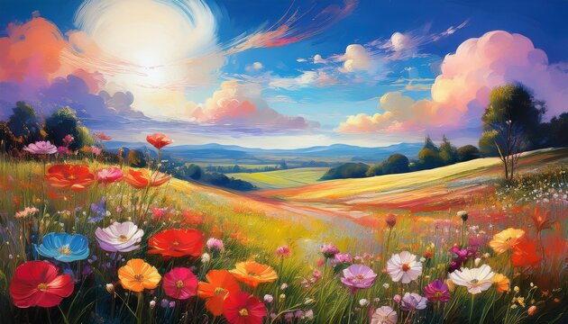this impressionist painting captures a vibrant meadow with a multitude of colorful flowers under a sky with drifting clouds delivering a sense of naturers beauty
