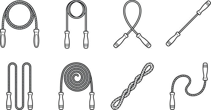 Fitness jump rope and skipping rope line icons set for gym workout cardio exercise
