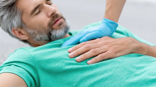 Middle aged man receiving chest compressions during emergency response