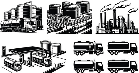 Naklejka premium Industrial Oil Refinery and Fuel Tanker Truck Collection with Petroleum Storage and Energy Transport Illustrations