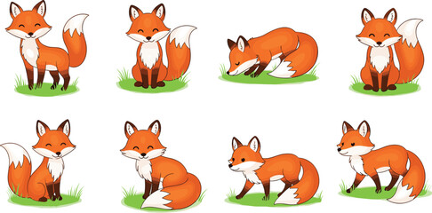 Obraz premium Cute Cartoon Fox Character Set with Various Poses Sleeping Sitting Standing and Walking for Children Book Illustration and Woodland Animal Graphic Designs (23 words)