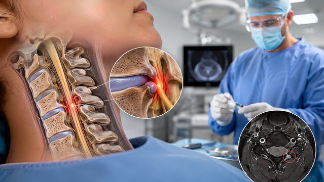 Cervical Spine Disc Herniation Procedure, Inflamed Nerve Root Medical Illustration for Patient Education