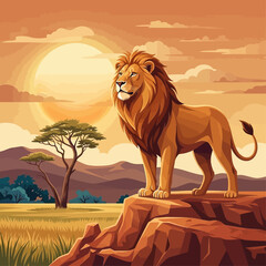 A majestic lion stands on a rock in the savannah landscape during sunset. © Death