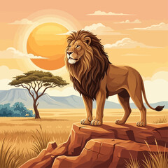 A lion stands on a rock formation in a savannah landscape with trees and mountains under a sunny orange sky. © Death