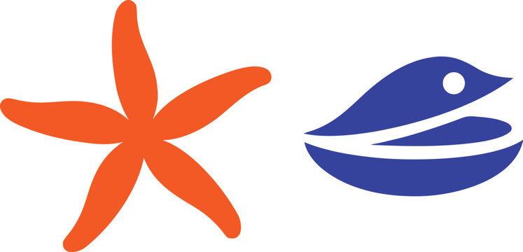 Orange starfish and blue seashell icons isolated on transparent background