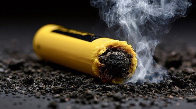Smoking lithium ion battery showing fire hazard and danger
