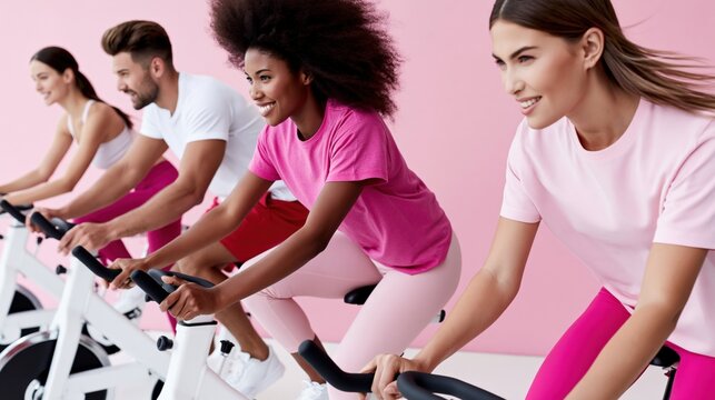Cyclists pedaling in spin class studio with pink backdrop