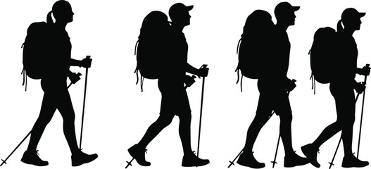 Silhouettes of hikers carrying backpacks and trekking poles, symbolizing outdoor adventure, exploration, teamwork, hiking lifestyle, and nature travel themes © boishakhisarker