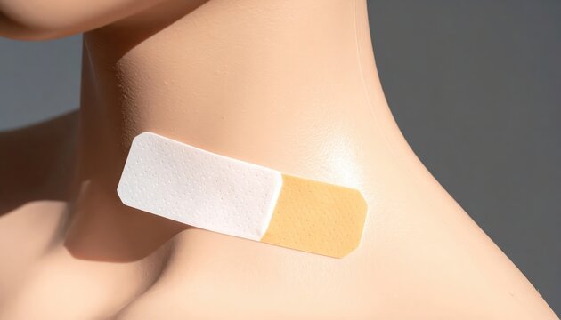 A transdermal patch applied to a section of mannequin skin for medical drug delivery demonstration