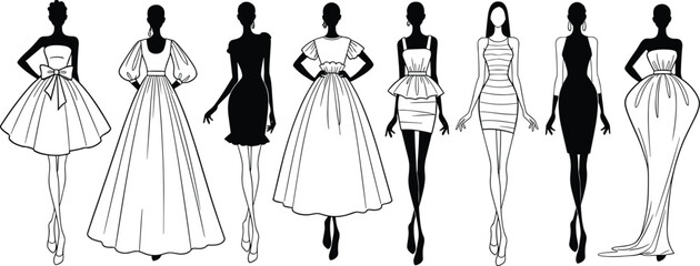 Fototapeta premium Stylized collection of female fashion sketches featuring diverse dress silhouettes, elegant gown designs, and creative garment illustration for artistic inspiration