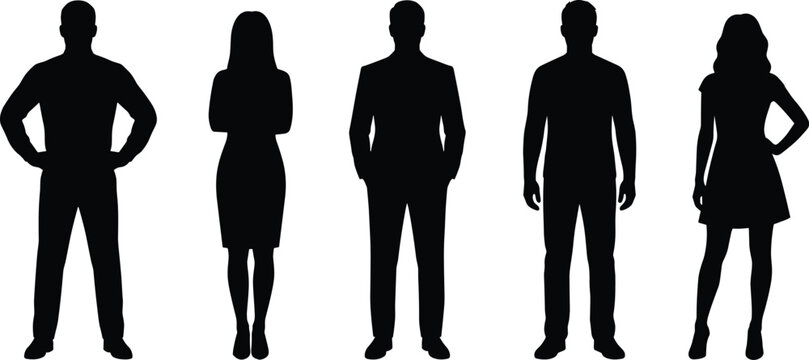 Stylish collection of human silhouettes in varied standing poses, highlighting posture, clothing diversity, and lifestyle inspiration for artistic design reference