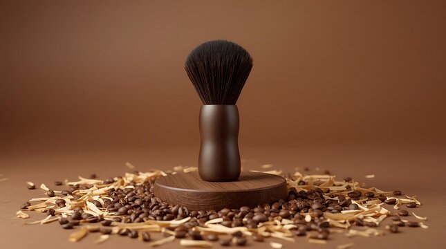 Makeup brush on a brown pedestal surrounded by coffee beans and golden flakes.