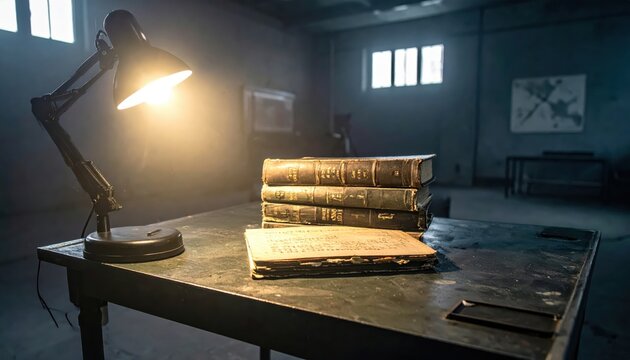 A Stack of Old Military Field Manuals with Worn Covers and Dog-Eared Pages on a Dusty Table Under Dim Light