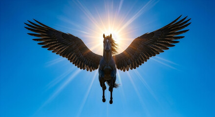 Obraz premium Majestic Black Pegasus Flying in the Clear Blue Sky Against a Bright Sunburst, Epic Fantasy Winged Horse Concept