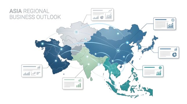 Modern digital graphic depicts asian map showcasing interconnected regions for business analysis, presenting data visualizations vibrant with cool blue green tones.