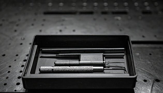 A set of tactical lock picking tools arranged neatly in a metal case for precision entry