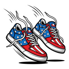 American flag sneakers vector illustration with stars and stripes pattern and dynamic motion lines for patriotic sports and fitness © Sahabat