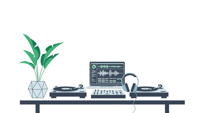 DJ setup with turntables, laptop, and headphones on a desk with a plant.