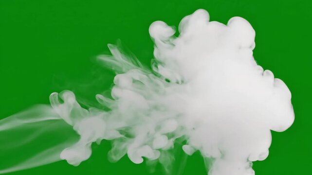Thick cloud of white smoke or vapor puffing and drifting across a solid chroma key green screen background