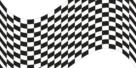 Fototapeta premium Abstract white background with a dynamic waving black and white checkered flag pattern. Modern geometric chess grid texture with fluid distortion for racing and automotive banners.