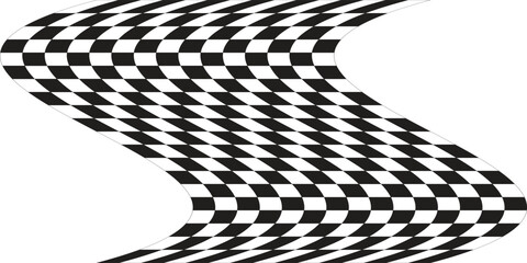 Fototapeta premium Abstract white background with a dynamic waving black and white checkered flag pattern. Modern geometric chess grid texture with fluid distortion for racing and automotive banners.