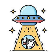 Fototapeta premium UFO flying saucer abducting a cow with tractor beam light and stars vector illustration for science fiction and humor themes